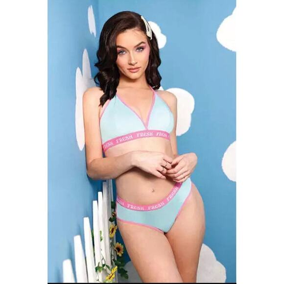 🦋B2G1🦋FANTASY LINGERIE Vibes FRESH Blue Halter Bralette & Booty Shorts | L/XL | - Picture 1 of 5
